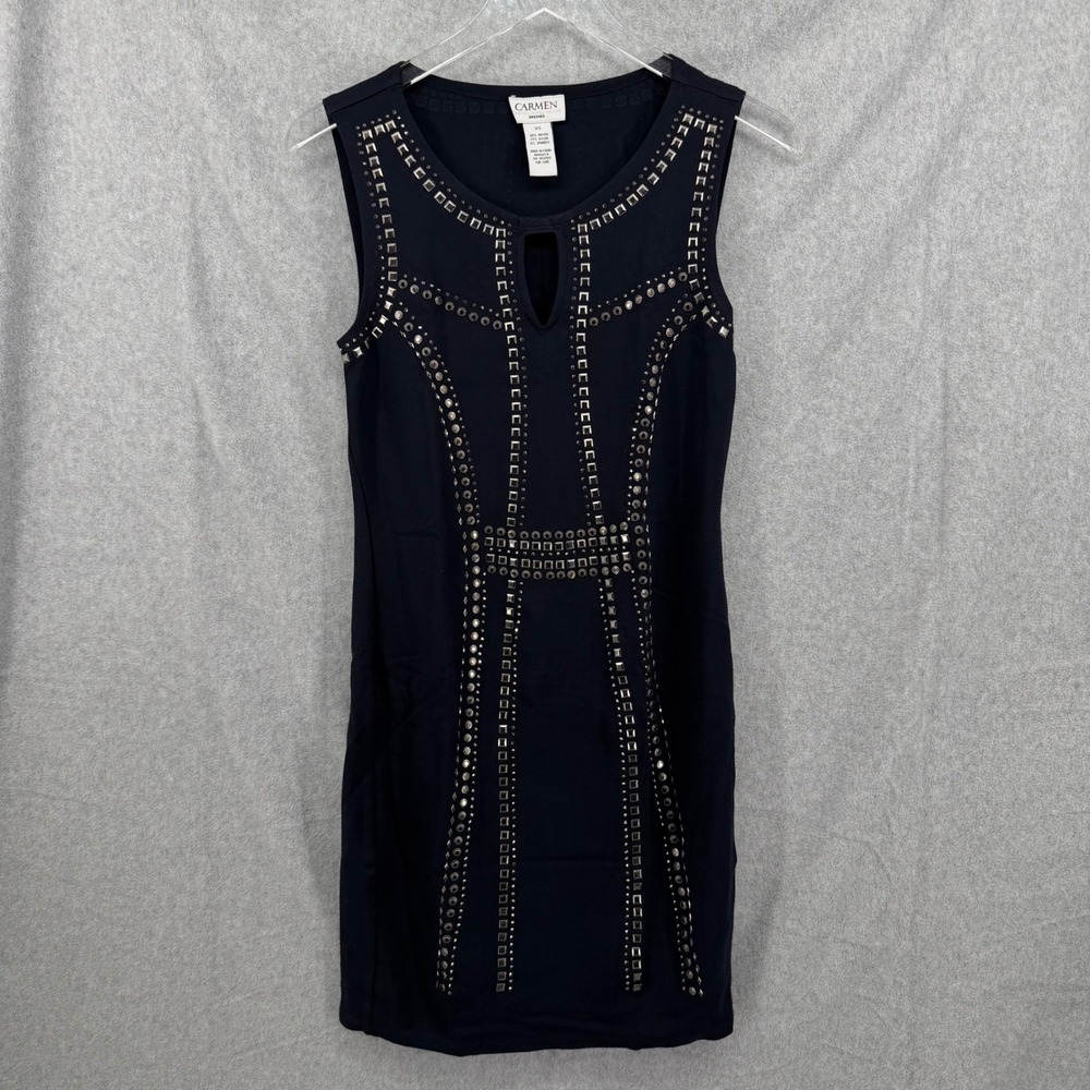 Carmen Marc Valvo Black Studded Keyhole Sheath Dress XS Sleeveless Mini Ponte - Picture 5 of 7